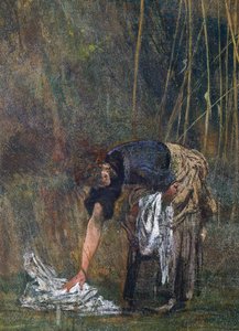農民の女性が洗濯物を拾う様子 作： Giovanni Boldini