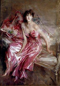 マダムオリビアコンチャデフォンテシラまたはジョヴァンニボルディーニによるピンクの絵画の女性の肖像画 作： Giovanni Boldini