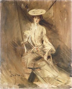 日傘をさして座っている婦人の肖像 作： Giovanni Boldini