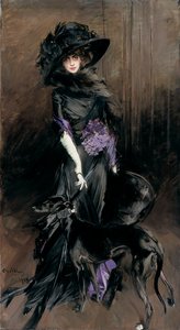 グレイハウンドと一緒にいるマルケーサ・ルイサ・カサーティの肖像 作： Giovanni Boldini