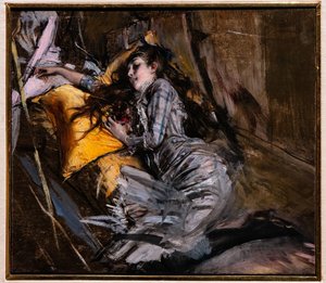 タータン チェックのドレスでリクライニングの女の子 作： Giovanni Boldini