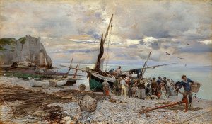 漁船の帰還、エトルタ。 1879