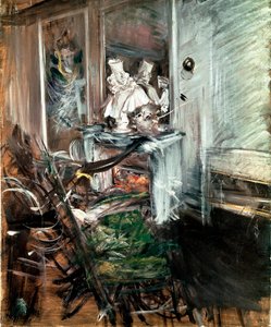 画家の部屋にあるベルニーニの「枢機卿」。ジョヴァンニ・ボルディーニ（1842-1931）による1899年頃の絵画。キャンバスに油彩。寸法：53x46cm。ピストイア、コレツィオーネ・ボルディーニ 作： Giovanni Boldini