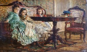 ジョヴァンニ・ボルディーニ（1842-1931）の「ラスカラキ姉妹」、木に油彩 作： Giovanni Boldini