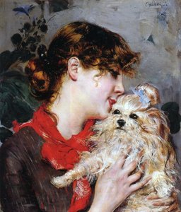 女優レジャンとその犬 1885年頃 （パネルに油彩