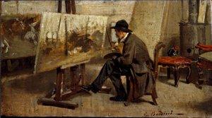 画家ジョヴァンニ・ファットーリの工房にて ジョヴァンニ・ボルディーニ（1842-1931）の作品とされる絵画 1863-1869年 日。13x24 cm ミラノ個人蔵