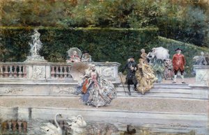 18世紀の服を着た人々がいるヴェルサイユの庭の眺め」ジョヴァンニ・ボルディーニ（1842-1931）作、油彩・パネル
