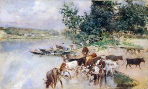 ジョバンニ・ボルディーニ（1842-1931）による「セーヌ川での牛の水やり」。 作： Giovanni Boldini