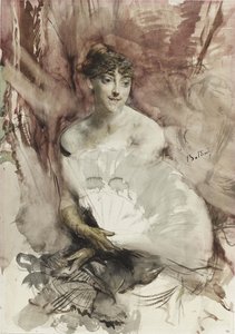 劇場のボックスに座っているファンを持つ女性ラスティ伯爵、1878年頃 作： Giovanni Boldini
