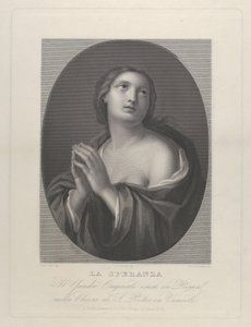 両手を合わせて左肩を見上げるホープの女性擬人化…、ca. 1835-81。 作： Giovanni Buonafede