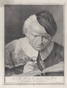 虫眼鏡で本を読んでいる帽子をかぶった男、1743年。 作： Giovanni Cattini