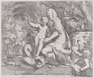 1650 年から 1655 年、エジプトへの逃亡中の残りの寓話。 作： Giovanni Cesare Testa