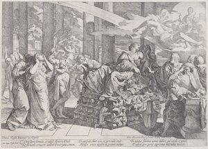 多くの人物に囲まれた中央の火葬場に横たわるディドの自殺、1650-55。 作： Giovanni Cesare Testa