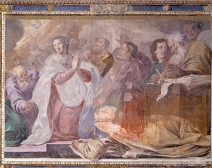 イタリア、ロンバルディア州、パヴィア、パヴィア チャーターハウス (チェルトーザ)、イエスとマリアの物語、フレスコ画の詳細 作： Giovanni Cristoforo Storer