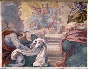 イタリア、ロンバルディア州、パヴィア、パヴィア チャーターハウス (チェルトーザ)、イエスとマリアの物語、フレスコ画の詳細 作： Giovanni Cristoforo Storer