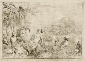 サテュロスの家族と古典彫刻のある風景 作： Giovanni David after Giovanni Benedetto Castiglione