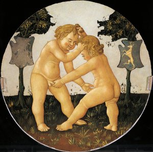 戯れるプッティ、出産用トレイの裏からの詳細（円形の絵）、1450年頃、ジョヴァンニ・ディ・セル・ジョヴァンニ（ロ・シェッジア、1406-1486）作、木にテンペラ 作： Giovanni Di Ser Giovanni Lo Scheggia Guidi