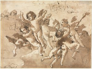 雲の中のアテンダントケルビムがいるキューピッド、1757年以降。 作： Giovanni Domenico Tiepolo