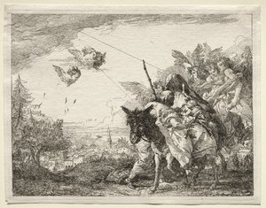 エジプトへの飛行：ヨセフは幼児のキリストを見つめるために一時停止します。 作： Giovanni Domenico Tiepolo