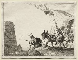 エジプトへの飛行：ピラミッドの近くを通過する聖家族。 作： Giovanni Domenico Tiepolo