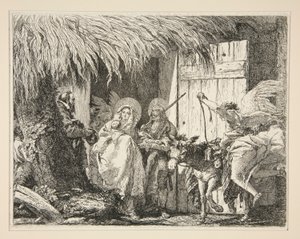 家の前のジョセフとメアリー、シリーズ Idee pittoresche sopra la fuga in Egitto (Flight into Egypt) より 作： Giovanni Domenico Tiepolo