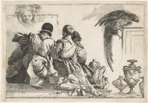 ひざまずくページ、マスク、オウム 作： Giovanni Domenico Tiepolo