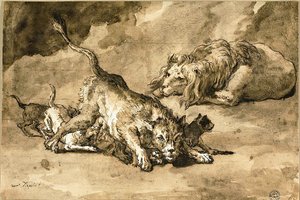 ライオン、雌ライオンと子ライオン 作： Giovanni Domenico Tiepolo