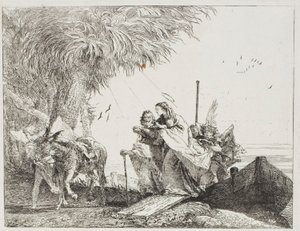ヨセフと天使に助けられて船から降りるマリア、『エジプトへの逃避』のプレート 18 作： Giovanni Domenico Tiepolo