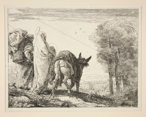 エギットのシリーズ Idee pittoresche sopra la fuga (エジプトへの逃避) から、子供を腕に抱くメアリー 作： Giovanni Domenico Tiepolo