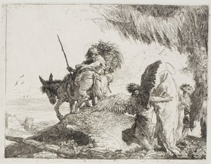マリア、二人の天使に支えられ、ヨセフに従う、『エジプトへの逃避』プレート 26 作： Giovanni Domenico Tiepolo