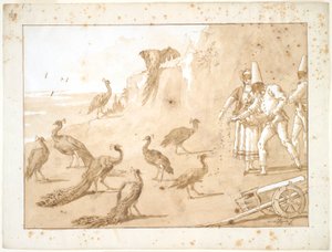 孔雀に餌をやるパンチネロ 作： Giovanni Domenico Tiepolo
