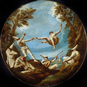 スイングのPunchinellos、音楽を作り、風景の中でアクロバットをする 作： Giovanni Domenico Tiepolo