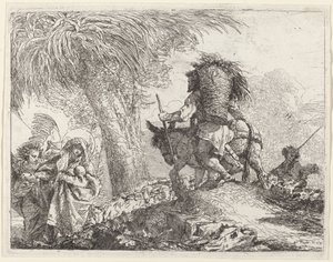 The Flight、右がジョセフ、左がメアリーとエンジェル 作： Giovanni Domenico Tiepolo
