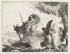 天使に支えられたマドンナが右側にいるザ・フライト 作： Giovanni Domenico Tiepolo