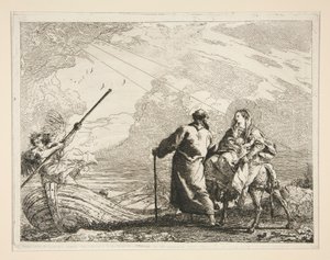 聖家族が川の端に到着、シリーズ Idee pittoresche sopra la fuga in Egitto (Flight into Egypt) より 作： Giovanni Domenico Tiepolo