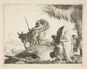 シリーズ Idee pittoresche sopra la fuga in Egitto (Flight into Egypt) からの 2 人の天使の間の聖家族 作： Giovanni Domenico Tiepolo