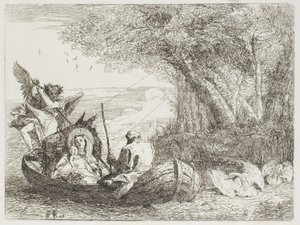 ボートで湖を渡る聖家族、『エジプトへの逃避』のプレート 17 作： Giovanni Domenico Tiepolo