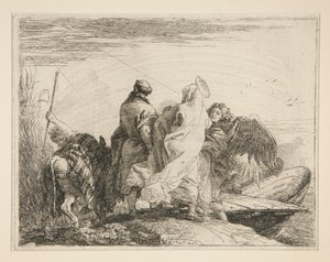 川の土手を離れる聖家族、シリーズ Idee pittoresche sopra la fuga in Egitto (Flight into Egypt) より 作： Giovanni Domenico Tiepolo