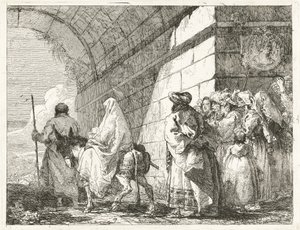 市のアーチの下を通る聖家族 作： Giovanni Domenico Tiepolo