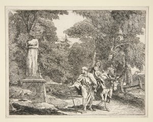 彫像の近くを通り過ぎる聖家族、シリーズ Idee pittoresche sopra la fuga in Egitto (エジプトへの逃避) 作： Giovanni Domenico Tiepolo