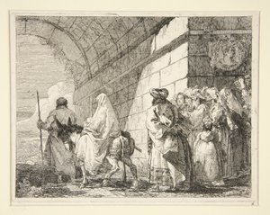 シリーズ Idee pittoresche sopra la fuga in Egitto (Flight into Egypt) からの聖家族がアーチの下を通過し、城門のそばを離れる 作： Giovanni Domenico Tiepolo