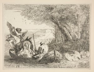 ボートで旅する聖家族、シリーズ Idee pittoresche sopra la fuga in Egitto (Flight into Egypt) より 作： Giovanni Domenico Tiepolo