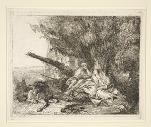 シリーズ Idee pittoresche sopra la fuga in Egitto (Flight into Egypt) の「エジプトへの逃避の休息」 作： Giovanni Domenico Tiepolo