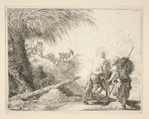 シリーズ Idee pittoresche sopra la fuga in Egitto (Flight into Egypt) から、ロバに乗って後ろから見た聖母 作： Giovanni Domenico Tiepolo