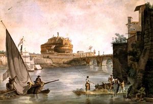 ローマのサンタンジェロ城にあるハドリアヌス帝の霊廟（紙にペン、水彩 作： Giovanni and Ducros Abraham Volpato