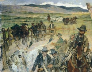 マレンマにおける若い雄牛の焼印、1887年頃、ジョヴァンニ・ファットーリ（1825-1908）作、86x172cm、詳細 作： Giovanni Fattori