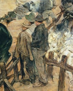 マレンマにおける若い雄牛の焼印、1887年頃、ジョヴァンニ・ファットーリ（1825-1908）作、86x172cm、詳細 作： Giovanni Fattori