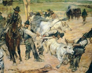 マレンマでの若い雄牛の焼印、1887年頃、ジョヴァンニ・ファットーリ（1825-1908）作、86x172cm、詳細 作： Giovanni Fattori
