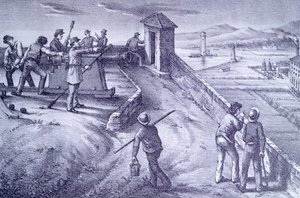 サン・ピエトロ要塞からのリヴォルノ防衛、ジョヴァンニ・ファットリ（1825-1908）作、エングレーヴィング