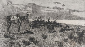 冬の海岸にいるロバとヤギ、1884～1908年。 作： Giovanni Fattori